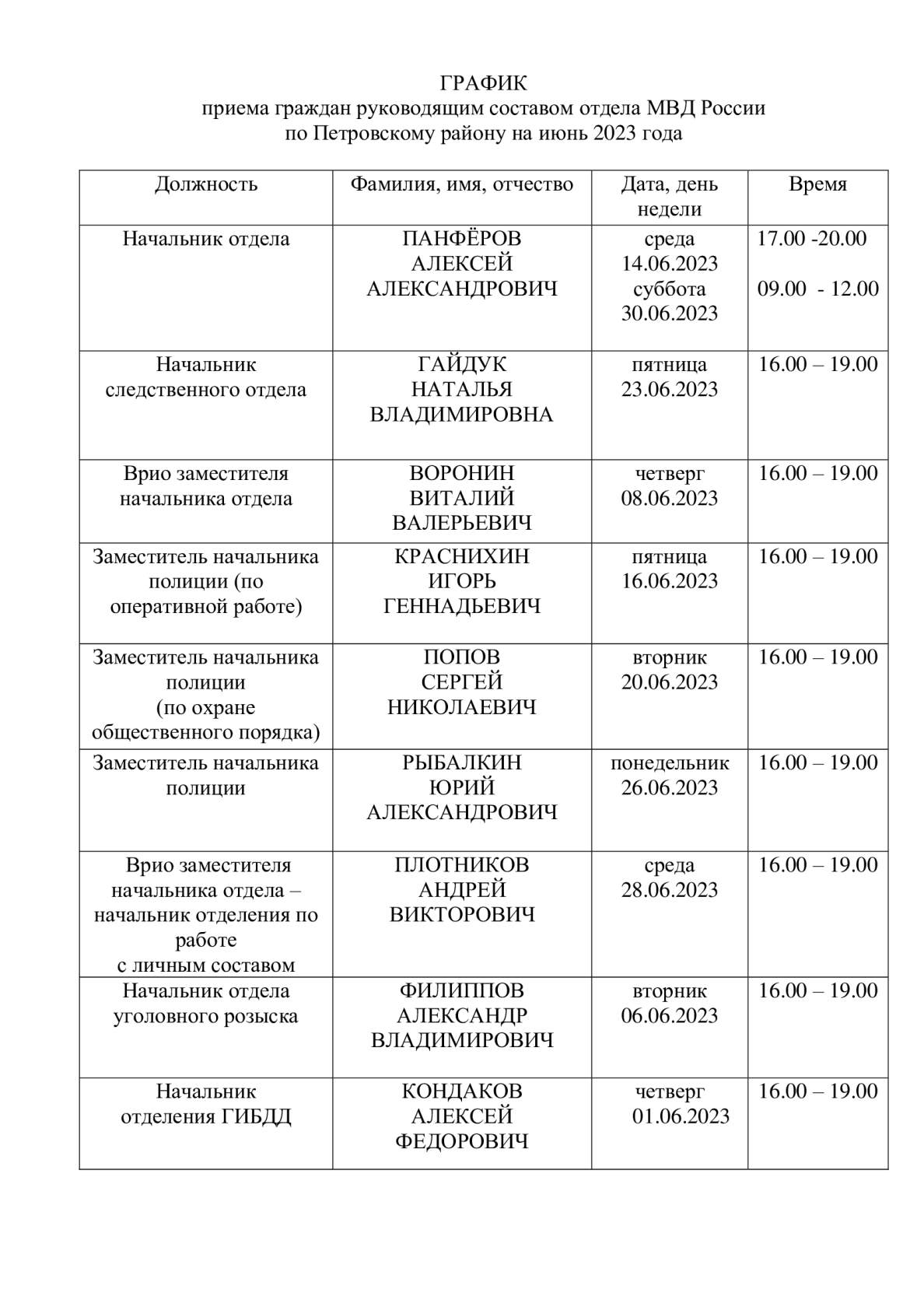 ГРАФИК приема граждан руководящим составом отдела МВД России  по Петровскому району на июнь 2023 года
