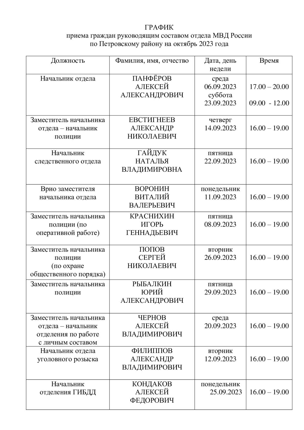 ГРАФИК приёма граждан руководящим составом отдела МВД России  по Петровскому району на октябрь 2023 года