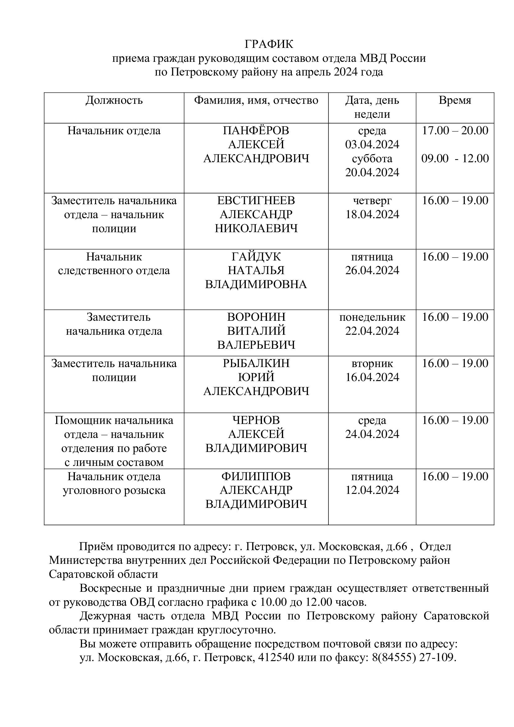 ГРАФИК приёма граждан руководящим составом отдела МВД России по Петровскому району на апрель 2024 года