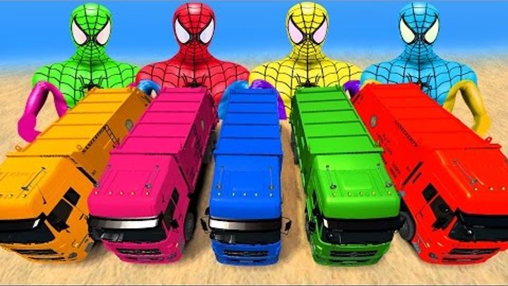 GARBAGE TRUCKS COLOR PARTY Spiderman & HULK COLORS Superheroes Fun Video + Children Songs