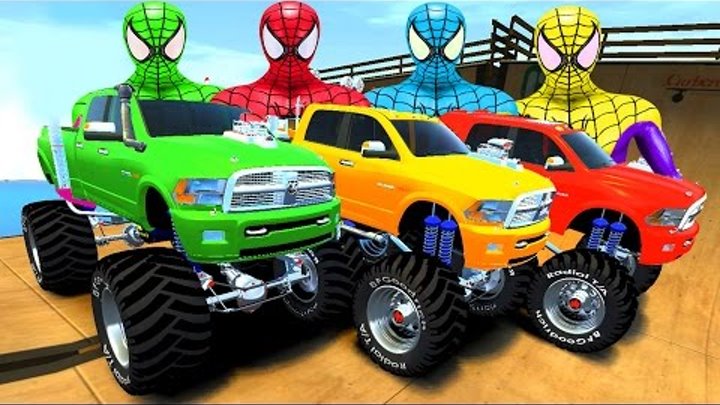 SPIDERMAN SUPERHEROES & MONSTER TRUCKS COLORS CRAZY SMASH PARTY   Nursery Rhymes Songs for Children