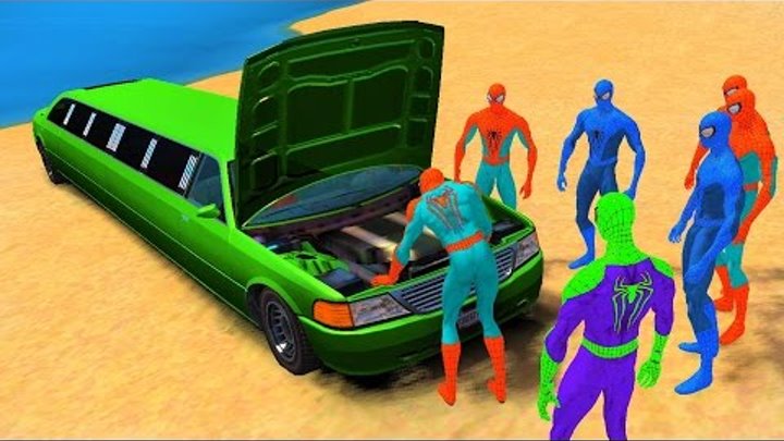 Spiderman and his Friends Repairs Long Green Car Cartoon for Kids with Nursery Rhymes Songs for Chil