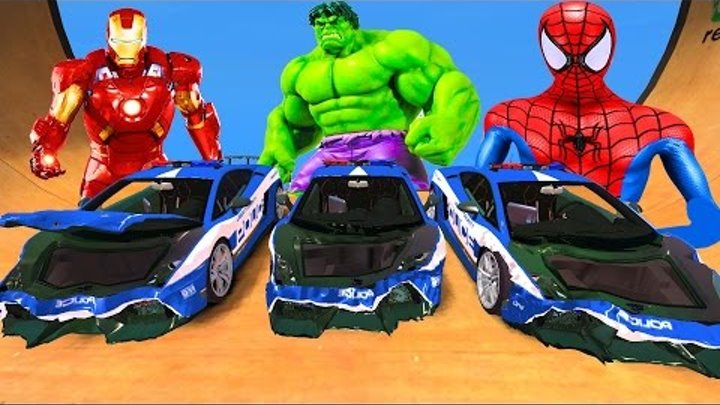 POLICE LOMBARGHINI in Trouble Cars! SUPERHEROES Colors Spiderman HULK IRONMAN Songs for Children wit