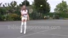 Tennis Fun in White Thigh Boots &amp; Leather Mini Skirt