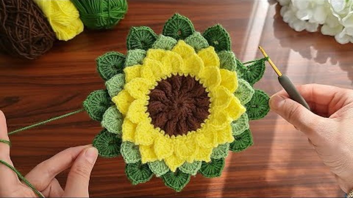 3D🌻Crochet Flower🌻Crochet sunflower with leaves Crochet flowers Kn ...