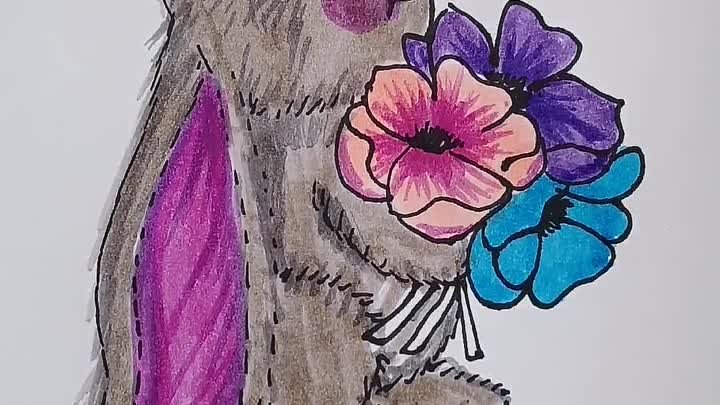 Рисуем зайку с цветами
