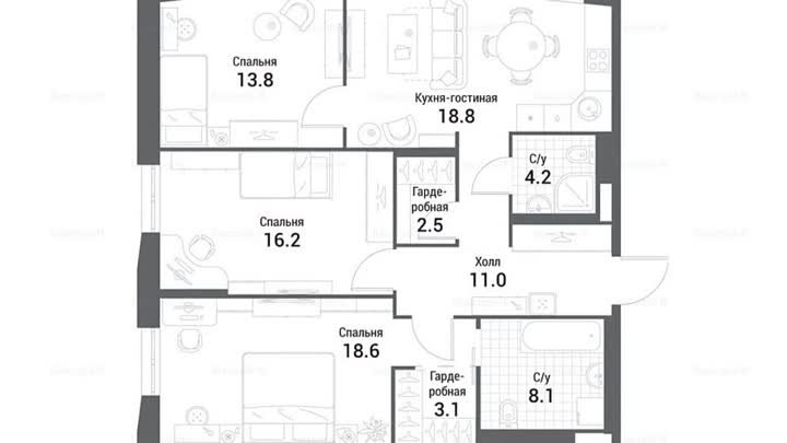 ЖК Nagatino i-Land: планировки 3-комнатных квартир