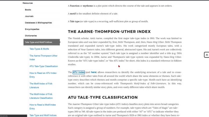 Library Research Guide for Folklore and Mythology  Tale-Types & Motifs Aarne-Thompson-Uther Index ATU index The Motif-Index of Folk Literature