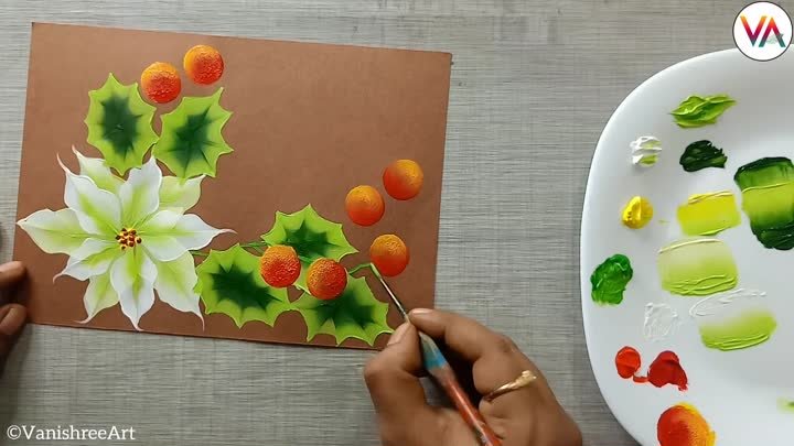 Poinsettia Holly Leaves And Berries Painting In Acrylic _ One Stroke ...
