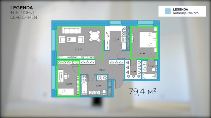 Планировка квартиры с двумя спальнями линейки XL