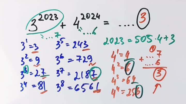 На какую цифру заканчивается сумма чисел 3²⁰²³+4²⁰²⁴?

