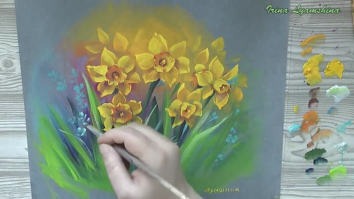 OneStroke, Painting yellow daffodils with a flat angle brush