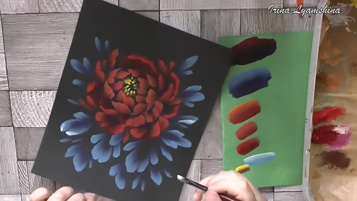 How to paint a RED PEONY by a flat brush, Onestroke, Tutorial