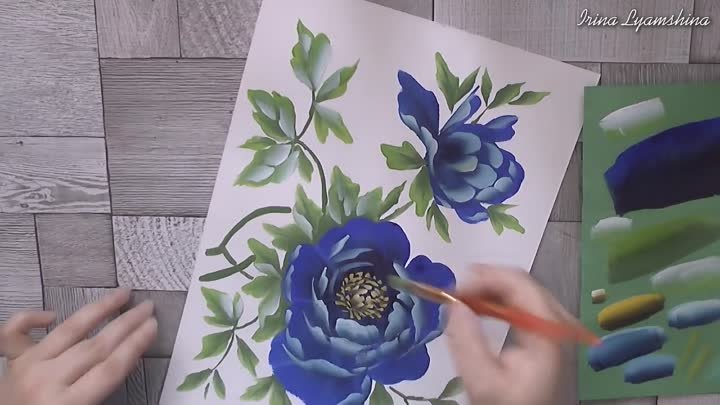 How to paint The Blue Peony by a  flat brush