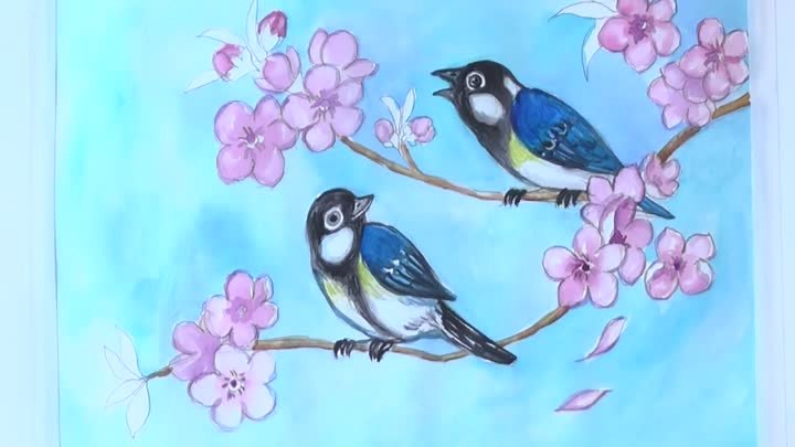 Уроки рисования. Как нарисовать цветущую веточку с птицами акварелью ...