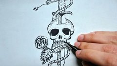 Как нарисовать Скелет Клинок Змею и Розу_Вор в Законе Тату_(...