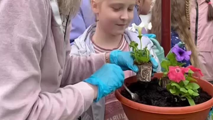 Школьники сажают цветы в День добрых дел